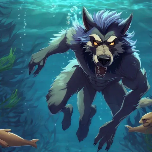 Prompt: Anthro furry werewolf swimming underwater