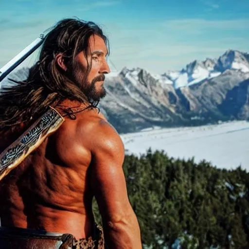 Prompt: a warrior standing on a ridge with a spear in his hand clearly seen, clear face, long hair, bear skin over the back looking behind, hyper realistic, studio quality, intense, jacked,natural light,  snow-clad mountains in the back clear definition ,professional , sun bright, meteor in the sky
