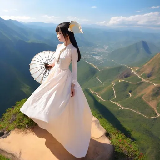 Prompt: A beautiful girl with a dress and parasol on a cliff surrounded by mountains