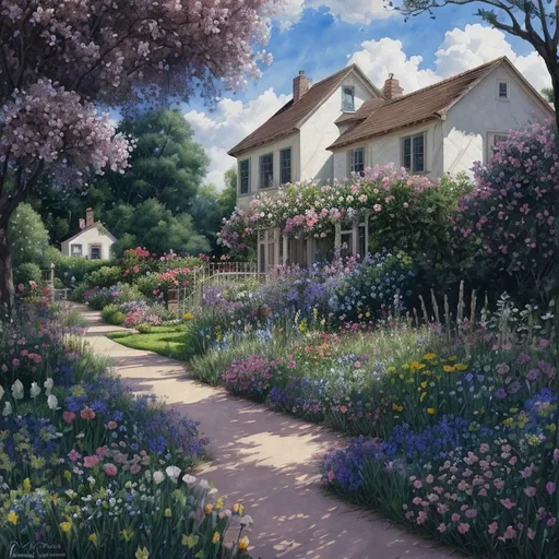 Prompt: a painting of a garden with flowers and a house in the background with a blue sky and clouds in the background, David Martin, american scene painting, highly detailed digital painting, a watercolor painting