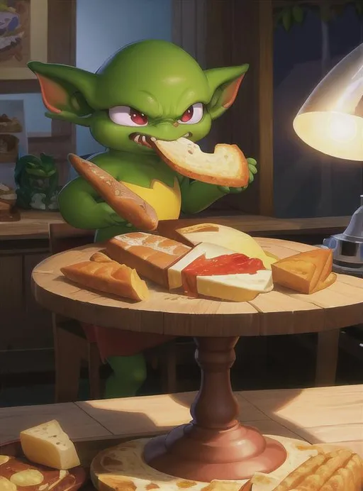 Prompt: Goblin eating cheese and bread, goblin, cheese, bread, cinematic, dramatic lighting, cartoon, computer painting, masterpiece 