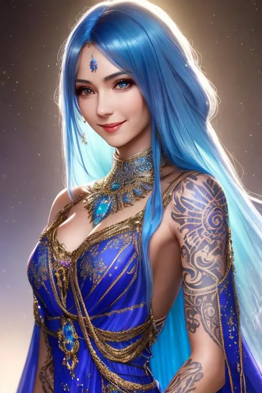 Prompt: girl in her 30s, smiling, beatiful woman, chiffon robes, royal, human, evil, blue hair, luscious hair, extremely detailed, uhd, hyperrealistic, realistic, real, intricate details, perfect composition, light rays, magical, super detailed, sharp focus, picturesque, full shot, bokeh, tribal tattoos, cinematic style