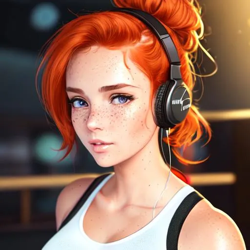 Prompt: ginger hair in a messy bun buxom tomboy girl, wears headphones, sweaty wet, covered in sweat, wears pushup bra and yoga pants, face full of freckles, highly detailed face, highly detailed eyes, highly detailed body, full body pose, whole body visible, full character visible, soft lighting, high definition, highly detailed, ultra realistic, unreal engine 5, 8K, digital art