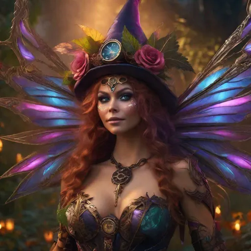 Prompt: (Epic). Cinematic. Shes a beautiful, ((colorful)), Steam Punk, cannabis, witch. (spectacular), Winged fairy, with a skimpy, ((colorful)), gossamer, flowing outfit, on a Halloween night. ((Wide angle)). Detailed Illustration. 8k.4k. Full body in shot. Hyper real painting. Photo real. A ((beautiful)), shapely, woman with, {{{{anatomically real hands}}}}, and ((vivid)) colorful, ((bright)) eyes. Concept style art.  