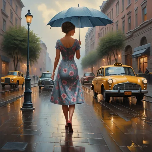 Prompt: a woman in a floral patterned dress is walking down the street with an umbrella in the rain, with a car and a taxi in the background, Evgeny Lushpin, figurative art, highly detailed oil painting, a photorealistic painting