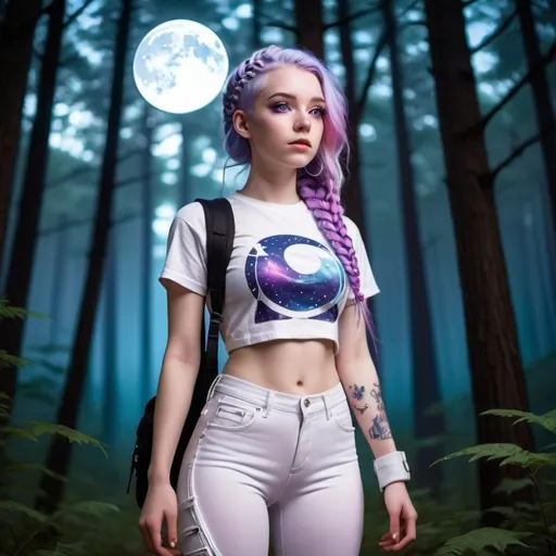 Prompt: A girl with purple eyes, long blue purple and pink hair with braids, and pale skin wearing a puffy white crop top, white leggings, and white boots. The girl has a space themed satchel on her shoulder. She is in a forest looking up at the beautiful lit up night sky. 