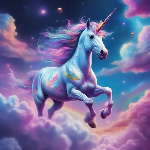 Prompt: a beautiful hyper realistic unicorn in the style of Disney and Lisa Frank running through clouds in space