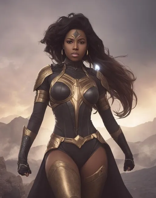 Prompt: photograph of beautiful black female super hero in a fantasy environment
