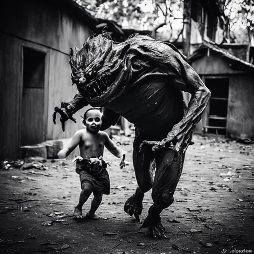 Prompt: Photography of a nightmarish  creature stealing a child