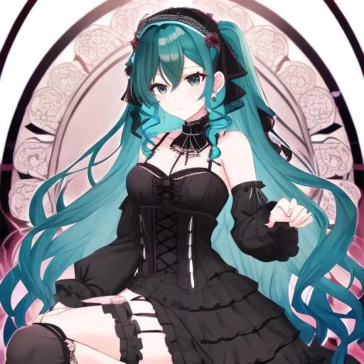 Prompt: Chikafusa 1male. Teal hair; Wavy with long strands down the shoulders that is Curly medium in the back. Black eyes. Wearing a Gothic-style Lolita outfit featuring a black lace-trimmed dress with a fitted bodice and a voluminous skirt. The dress is adorned with intricate lace patterns, bows, and ribbons. Completing the look are knee-high socks or stockings, platform shoes, and accessories such as a wide-brimmed hat, choker, and lace gloves. The overall aesthetic is dark, elegant, and Victorian-inspired.Anime style, UHD