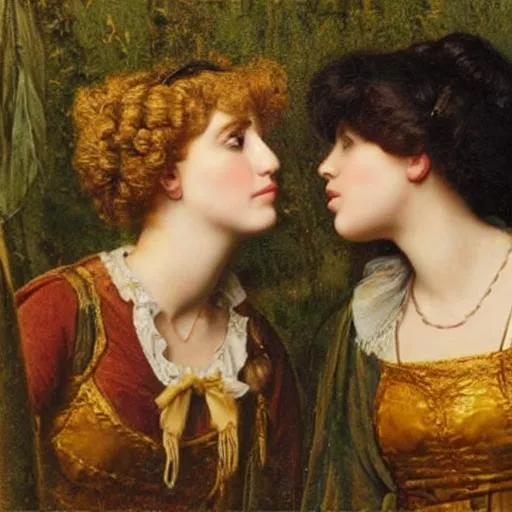 Prompt: Beautiful lesbian princesses kissing an oil painting by Pre-Raphaelite brotherhood 