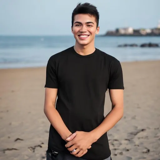 Prompt: A young man, happy, full body,  look on camera ,in the beach ,wearing a black t-shirt