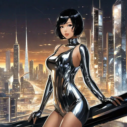 Prompt: anime art, pretty young Indonesian woman, 25 year old, (round face, high cheekbones, almond-shaped brown eyes, delicate nose, short bob black hair), wearing shiny silver revealing body suit, posing for picture, perfect hourglass figure, made of liquid metal, background futuristic cityscape at night, retrofuturism, futuristic, Japanese manga, Pixiv, Fantia