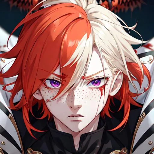 Prompt: Erikku male adult (short ginger hair, freckles, right eye blue left eye purple) UHD, 8K, Highly detailed, insane detail, best quality, high quality, covered in blood, covering his face with his hand, wide eyes, insane, fear, threatening, anime style