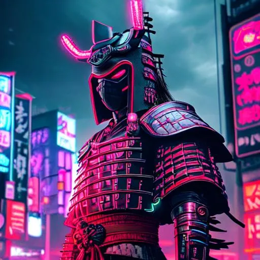 Prompt: Powerful samurai, futuristic, neon lighting, wearing mask, menacing, city in background, dark skies, neon signs