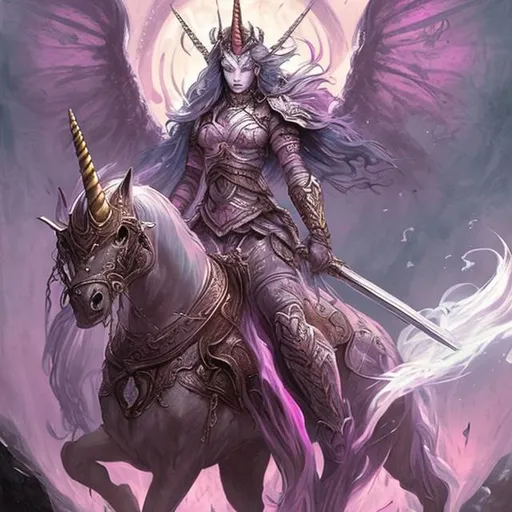 Prompt: high fantasy artwork + beautiful pink woman warrior who is an anthropopathic unicorn