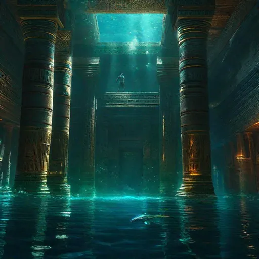 Prompt: "((Full-body shot of Ancient Egyptian merman swimming in glittering underwater sunken Egyptian palace))!! Centred mid-distance mid-angle view; Mediterranean corals and deep sea; intricately hyperdetailed epic dramatic lifelike epic photorealistic movie concept painting; EJ Poynter; WLOP; Raphael Lacoste; Dan Witz; Aivazovsky; rich contrasting colours; meticulously detailed complex divination masterpiece; Cinema 4D render; volumetric lighting; amazing depth"