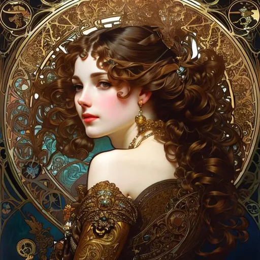 Prompt: Dark Fantasy, vest, collar, sky pirate attire, auburn curly hair, bright hazel eyes, art by alphonse mucha, concept art, illustration, surreal, intricate, elegant, highly detailed, traditional painting, matte