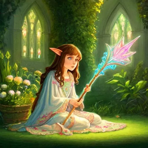 Prompt: Panned out. Very detailed realistic painting.
very short fantasy healer gnome female. Beautiful pensive face, short-pointy ears
Beautiful brown eyes, brown hair. flowing long intricate embroidered pastel robe and cape
Full body illustration
White Radiant Single Magical Staff 
detailed  and calm background building with plants. glowing