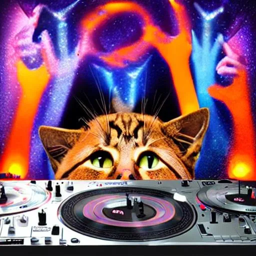 Prompt: deejay with cat head, turntables, party, strobe lights


