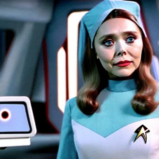 Prompt: realistic photo image of beautiful Elizabeth Olsen dressed as a 60's Star Trek nurse, high quality photo still, Enterprise command chair, holding a tricorder or a phaser