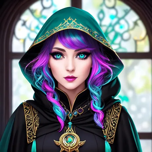 Prompt: half body portrait, female , elf, detailed face, detailed vibrant teal eyes, full eyelashes, multicolored alien eyes, ultra detailed accessories, detailed interior, potion class background, black cloak, black hood, black robes with white undershirt and gold trim, curly multicolored hair, bangs, dnd, artwork, dark fantasy, tavern interior, looking outside from a window, inspired by D&D, concept art, night time, ((looking away from viewer:0.3))
