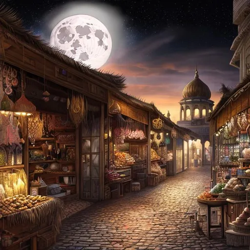 Prompt: concept art, fantasy, full moon, town near salt flats, market bazaar