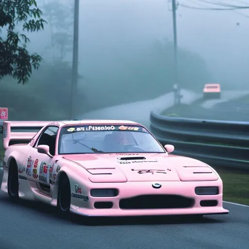 Prompt: realistic 1990s magazine article photograph pink mazda rx7 race car driving in large Japanese foggy togue in day bright light 