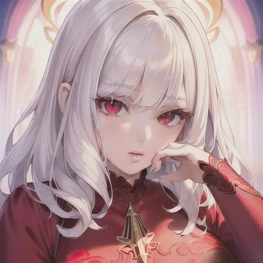 Prompt: (masterpiece, illustration, best quality:1.2), short curly white hair, angelic like vibe, red eyes, wearing red silky nightgown, best quality face, best quality, best quality skin, best quality eyes, best quality lips, ultra-detailed eyes, ultra-detailed hair, ultra-detailed, illustration, colorful, soft glow, 1 girl