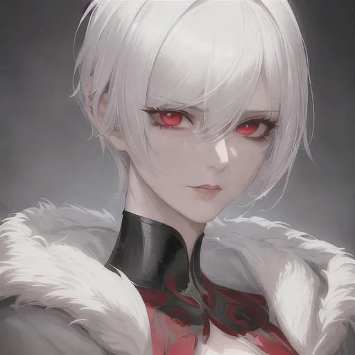 Prompt: "A close-up photo of a handsome girl with short pixie style hair, white hair, red eyes, wearing a kings robe, in hyperrealistic detail, with a slight hint of disgust in her eyes. His face is the center of attention, with a sense of allure and mystery that draws the viewer in, but her eyes are also slightly downcast, as if a sense of disgust is lingering in her thoughts. The detailing of his face is stunning, with every pore, freckle, and line rendered in vivid detail, but the image also captures the subtle emotions of disgust that might lie beneath her surface."
