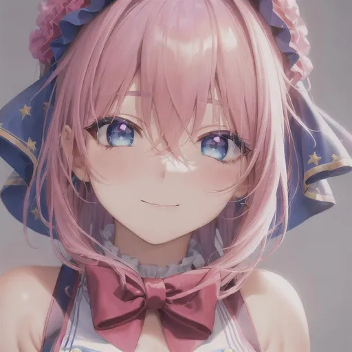 Prompt: blue background, super detailed closeup portrait shot of a pink haired girl with blue eyes, shy expression, vibrant colors, wearing a white toga