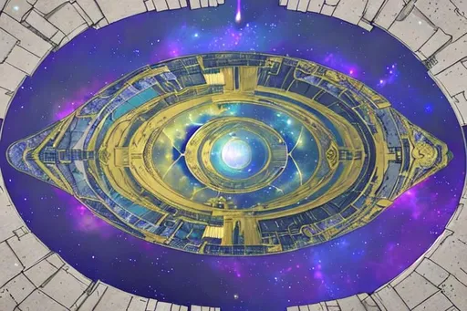 Prompt: a space themed lake place where a space goddess would be with  walking from the galaxy down some stairs that lead down to heaven, and in front of those stairs is a big purple metallic gate (like the golden gates but purple), and a purple and gold throne in the center w some stars surrounding the place and small spiral galaxies everywhere