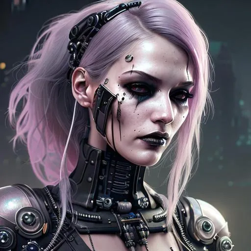 Prompt: beautiful woman, soft lustrous biotech raver gutter punk gothic cyborg, details, scifi, fantasy, cyberpunk, long hair, highly detailed, digital painting, octane render, artstation, concept art, smooth, sharp focus, illustration, art by artgerm, loish, wlop , illustration of a monster, horror, beautiful face, 