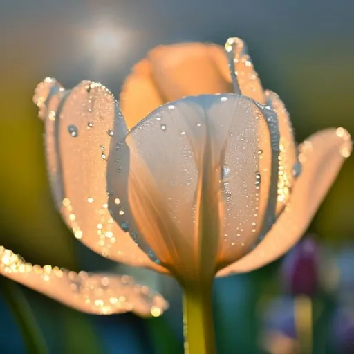 Prompt: reflection of sun in a dew drop on tulip flowers
 
