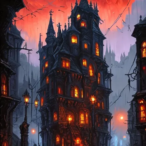 Prompt: Oil painting,style of Ravenloft,art, in a city at night.