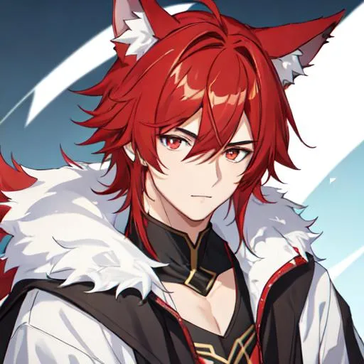 Prompt: male(Red side-swept hair covering his right eye) wolf ears, wolf tail, HD, 8K