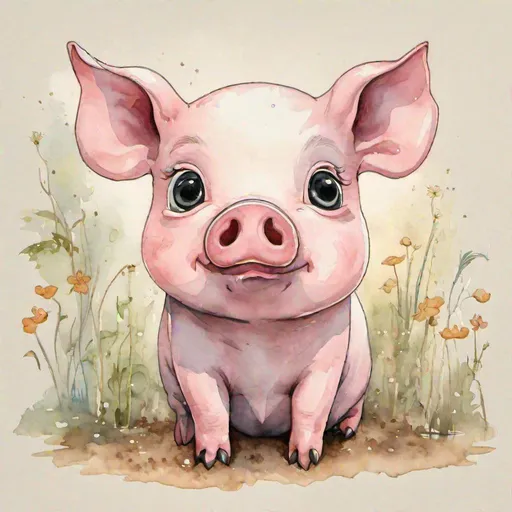 Prompt: An extremely cute pig, big eyes, inspired by Kawaii, studio ghibli, Babe, watercolour, cartoon