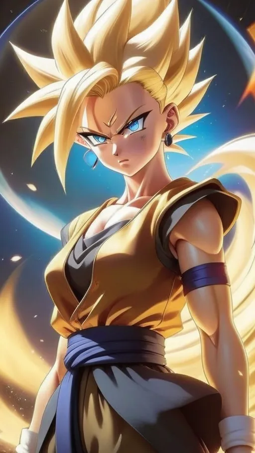 Prompt: Blonde woman with blue eyes, frowning, wearing Victorian outfit, solo, super saiyan, detailed earrings, intense gaze, dragon ball super style, cool tones, anime, detailed hair, highres, ultra-detailed, Victorian, super saiyan, detailed eyes, professional, atmospheric lighting