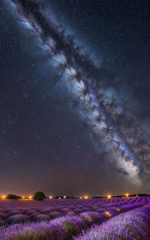 Prompt: Andromeda constellation, night sky, lavender fields,  vivid colours, hi resolution 8k, photorealistic ar 9:16