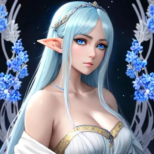 Prompt: "Full body, oil painting, fantasy, anime portrait of young woman with shoulder length light blue hair and dark blue eyes, young elf | wearing a White robe with intricate blue trim on it, #3238, UHD, hd , 8k eyes, detailed face, big anime dreamy eyes, 8k eyes, intricate details, insanely detailed, masterpiece, cinematic lighting, 8k, complementary colors, golden ratio, octane render, volumetric lighting, unreal 5, artwork, concept art, cover, top model, light on hair colorful glamourous hyperdetailed medieval city background, intricate hyperdetailed breathtaking colorful glamorous scenic view landscape, ultra-fine details, hyper-focused, deep colors, dramatic lighting, ambient lighting god rays, flowers, garden | by sakimi chan, artgerm, wlop, pixiv, tumblr, instagram, deviantart