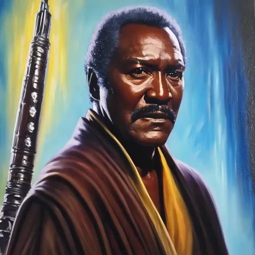 Prompt: oil painting of 70s Richard Roundtree as a jedi 4K 8K. 
