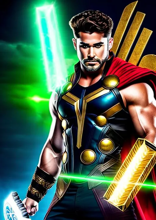 Prompt: High-resolution hyperrealistic photo of marvel's demigod {{hercules}} merged with thor, undercut mullet hair, holding mjolnir, green and red and black and gold revealing costume, uhd, hdr, 64k