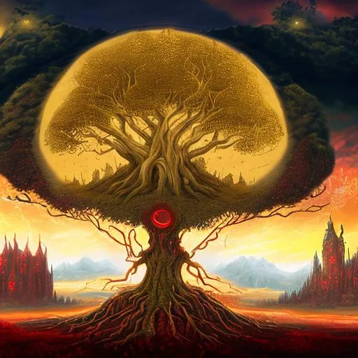 Prompt:  The background showing the massive, gnarly, beautiful, life-giving World Tree with a vibrant glowing gold and red aura on it in front with a large, very complex and decaying castle the foreground. The sky has a greenish tint to it and the overall picture and area is zoomed out over a large land, a small knight mourning in the foreground and the tone is gothic  fantasy