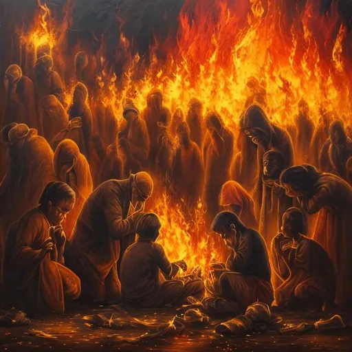 Prompt: A picture in which all people are crying and all over fire oil painting 