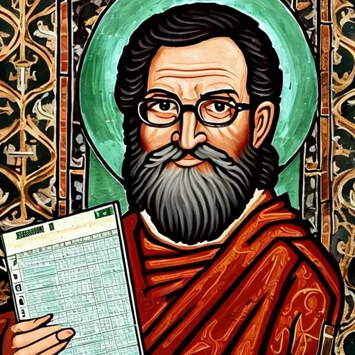 Prompt: a painting of an older Bob Frankston with glasses holding an Excel spreadsheet in the style of Byzantine iconography