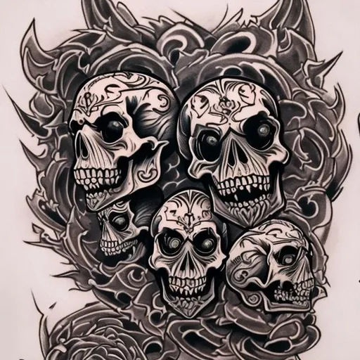 Prompt: Skull neo traditional Cerberus tattoo 
