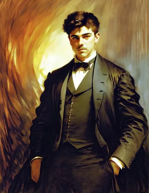 Prompt: Portrait of Daniel Hudson Burnham painted by Caravaggio, john singer sargent, juan luna, claude monet volumetric lighting, flowing cloth, 16k, hyperrealism, Very detailed, zoomed-out view, full body of a character in view, standing, male with long white ombre, fine evening wear, blue eyes that look like crystal, castle in the background 
