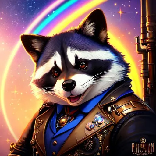 Prompt: Professional digital art of (((steampunk fat raccoon))) 80's aesthetic, Disney, pixar, (rainbow), space, illustration, high detail, intricate, elegant, by Jeremy Mann, artgerm, Rutkowski, and other illustrators, intricate details, face, full body portrait, headshot, illustration, UHD, 4K