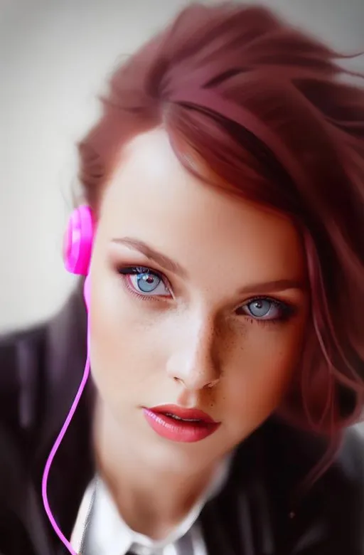 Prompt: Beautiful, princess, dark red haired woman, with sky blue colored eyes, wearing hot pink headphones