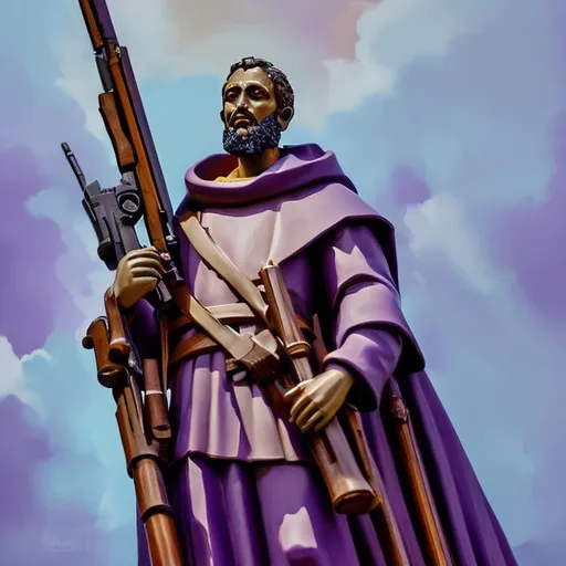 Prompt: St. Francis Xavier standing tall and heroic in a renisance painting style with a cal 50 sniper in his arms. Let the color combination be purplish blue.